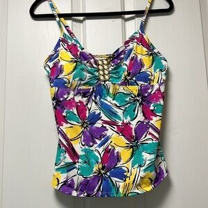 ANNE COLE Collection Floral Abstract with Metal Adornment Tankini Top Sz 12